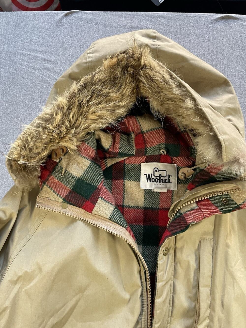 Vintage Woolrich Wool Plaid Lined Goose Down Parka With Fox Fur Hood Tan, Large